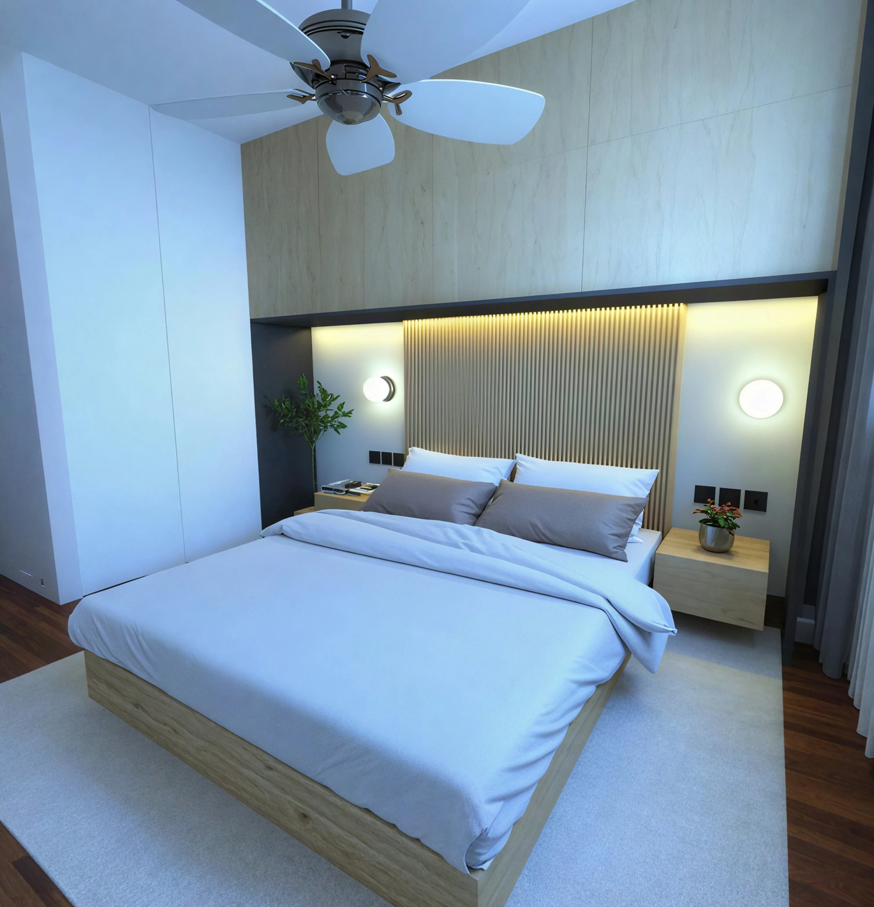 Modern Bedroom Photo - Photo by <a href="https://unsplash.com/@gerbull80?utm_content=creditCopyText&utm_medium=referral&utm_source=unsplash">gerson runer</a> on <a href="https://unsplash.com/photos/a-modern-bedroom-with-a-wooden-bed-and-ceiling-fan-BrzGBZlLj8o?utm_content=creditCopyText&utm_medium=referral&utm_source=unsplash">Unsplash</a>